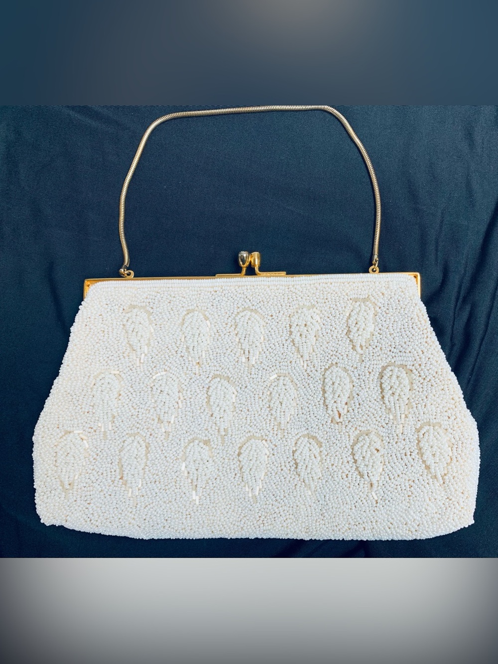 Vintage Stephen Chu Ivory beaded diamond gold hand bag purse bridal Hong Kong